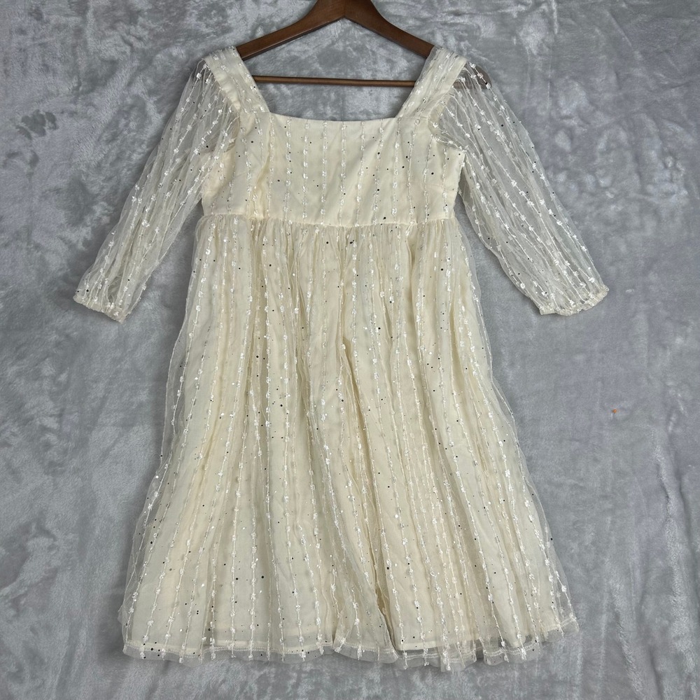 Girls dress formal Easter Spring Flower Dress Beige Long Sleeves Sparkle size 16